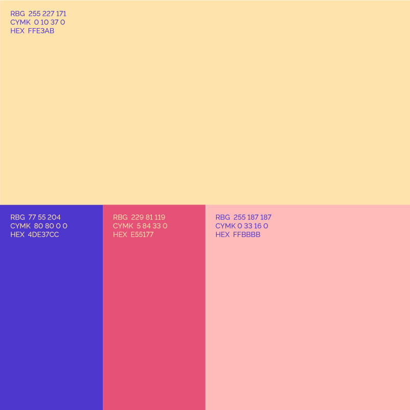 Eliza Mayne RN colour palette containing yellow, purple, hotpink and light pink.